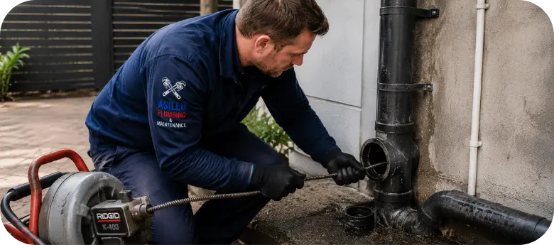 Photo of a plumber in Cape Town performing blocked drain cleaning.
