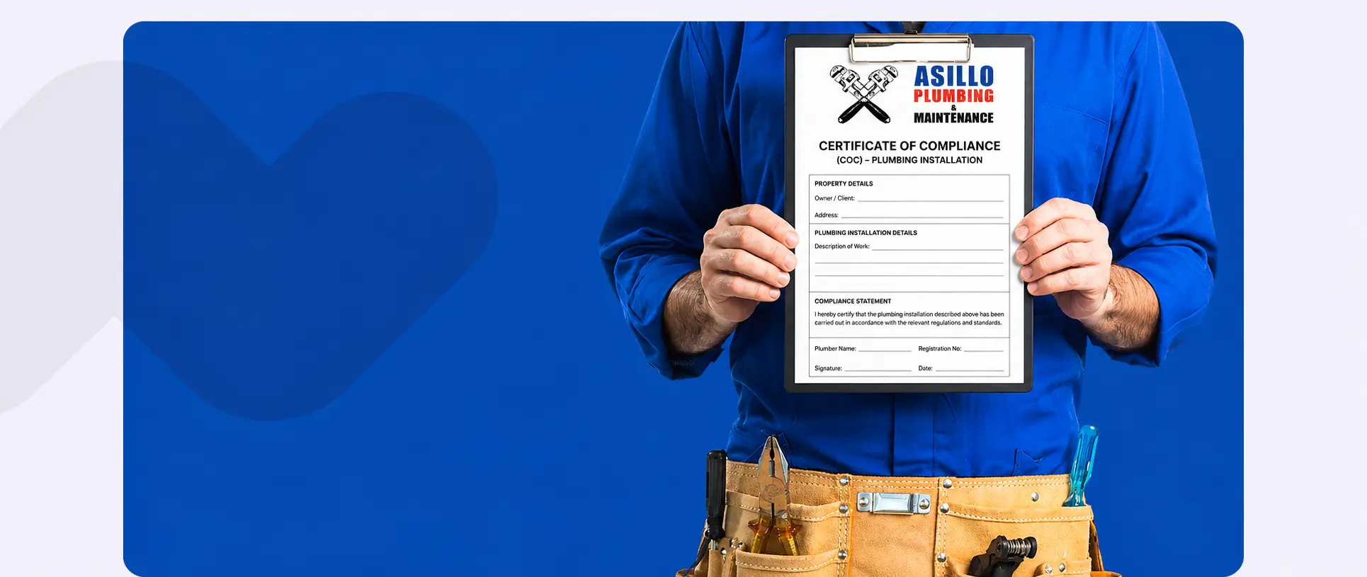 Image of a plumbing Cape Town provider holding up a plumbing COC inspection form, set against a blue background.