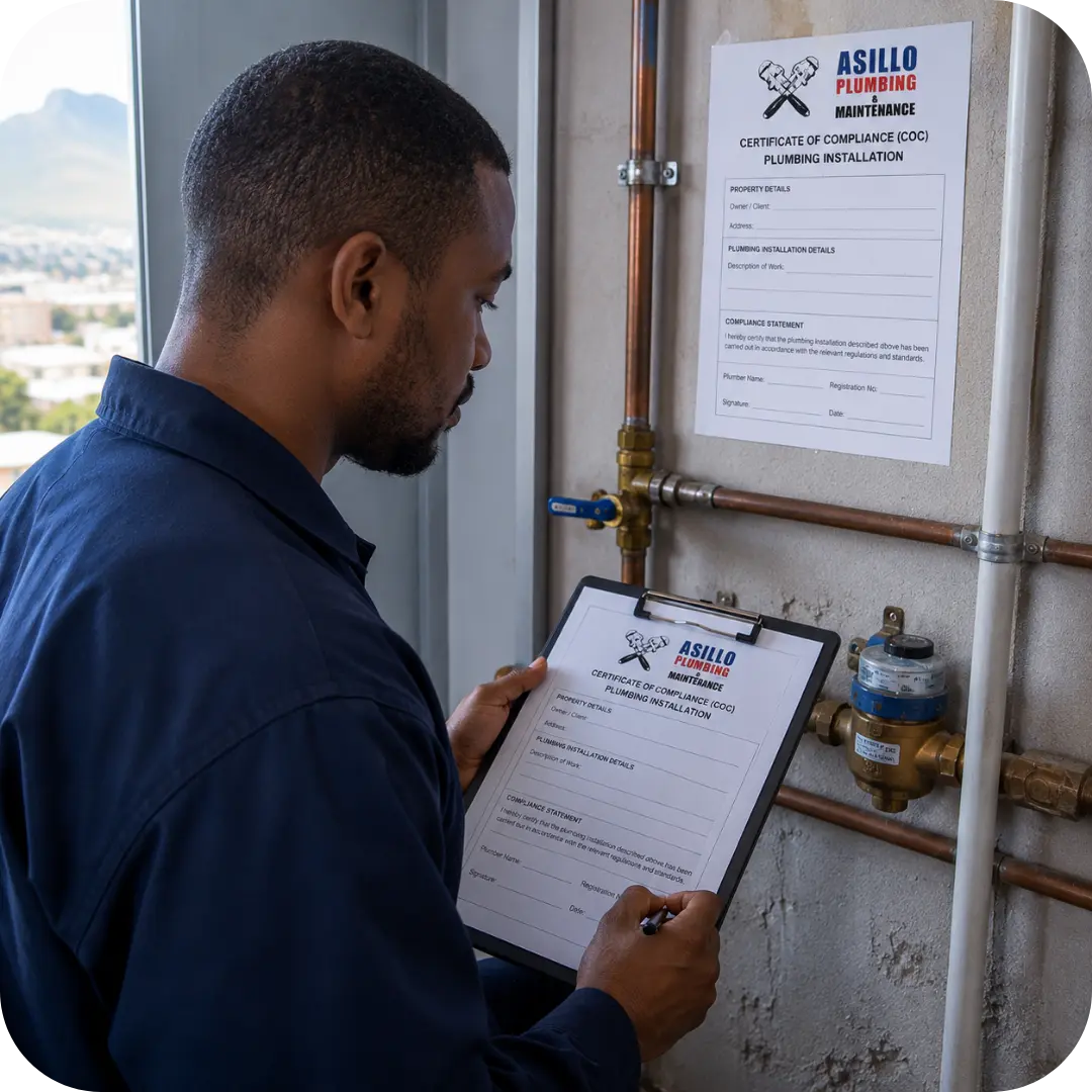 Plumber conducting a plumbing COC inspection in Cape Town while completing a plumbing certificate of compliance form for a residential water installation.