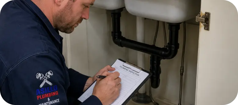 Rounded photo of a plumber in Cape Town conducting a plumbing COC inspection on a sink's pipes.