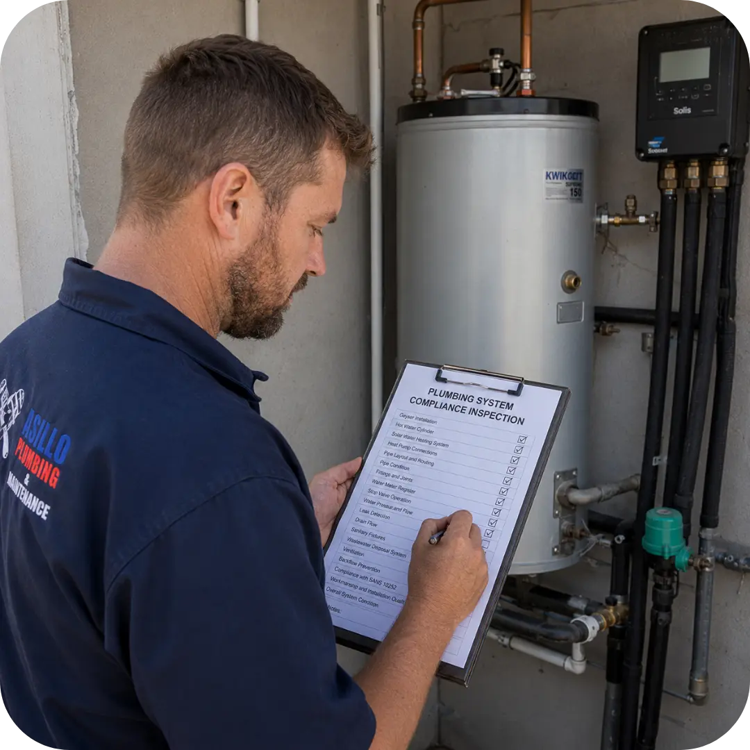 Plumber in Cape Town completing a plumbing COC inspection checklist while assessing a geyser installation, pipe layout, and hot water system for plumbing certificate of compliance standards.