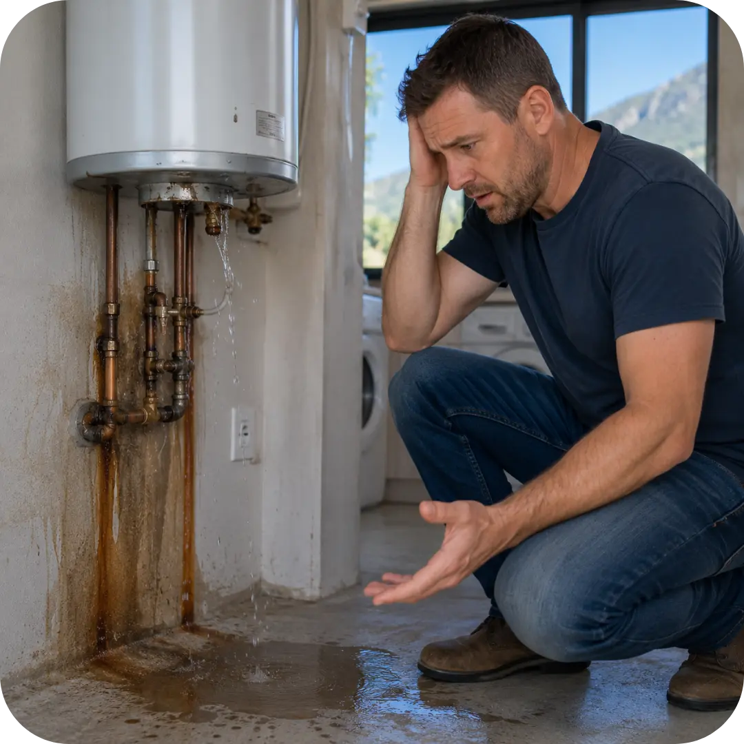Homeowner in Cape Town discovering a burst geyser leak with water escaping from the geyser installation, highlighting the need for urgent burst geyser repair to prevent water damage.