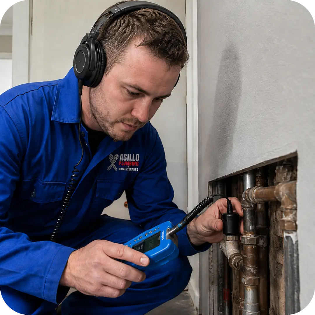 Leak detection Cape Town technician from Asillo Plumbing & Maintenance inspecting exposed plumbing pipes with specialised acoustic leak detection equipment to locate hidden water leaks accurately and minimise property damage.