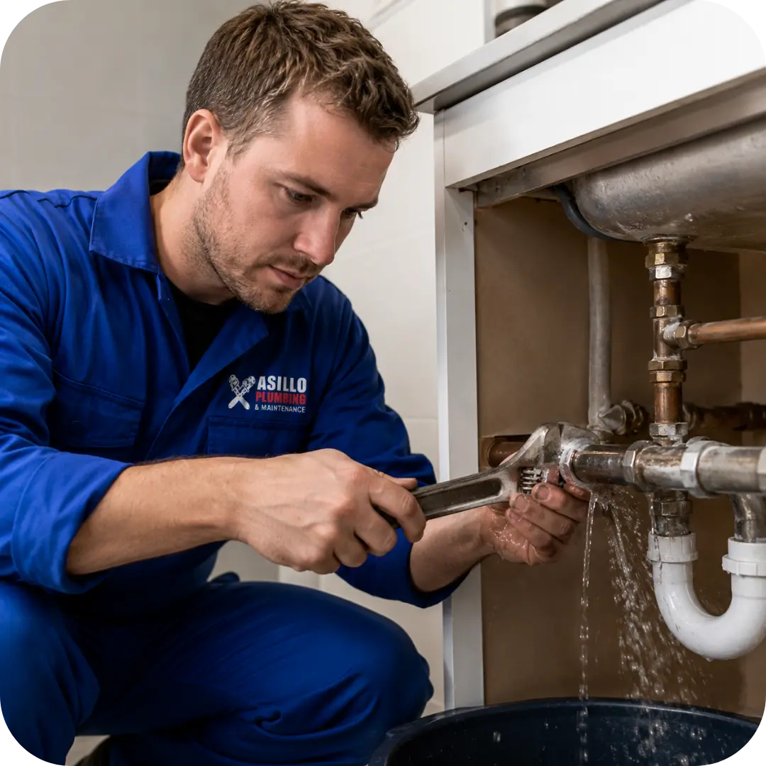Plumber from Asillo Plumbing & Maintenance performing leak detection Cape Town services while repairing a leaking pipe, using specialised tools to locate and fix a hidden water leak before it causes further property damage.