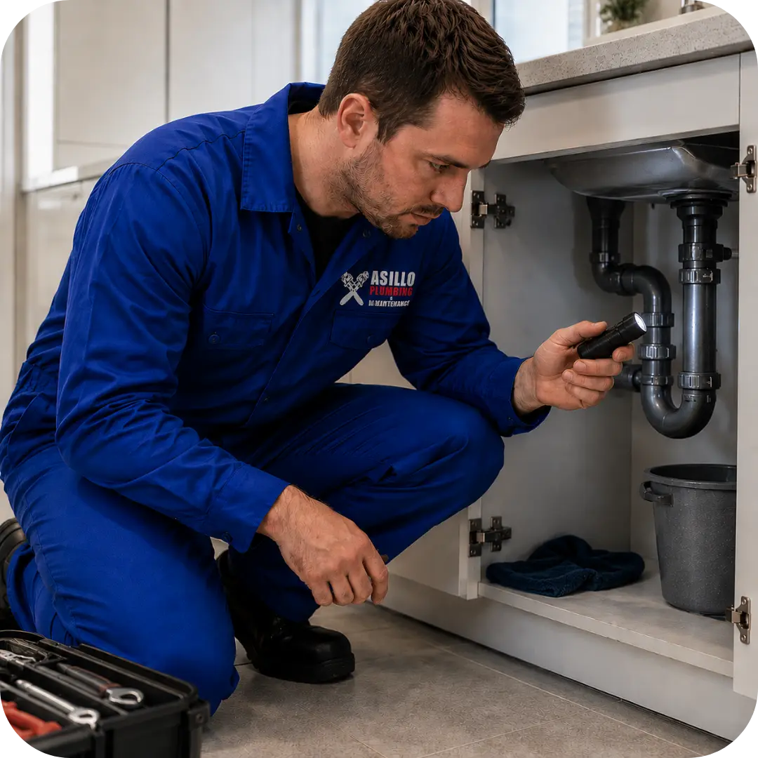 Asillo Plumbing & Maintenance technician performing plumbing fault finding beneath a kitchen sink, inspecting pipe connections and drainage components to identify hidden leaks, blockages, and common plumbing system faults.