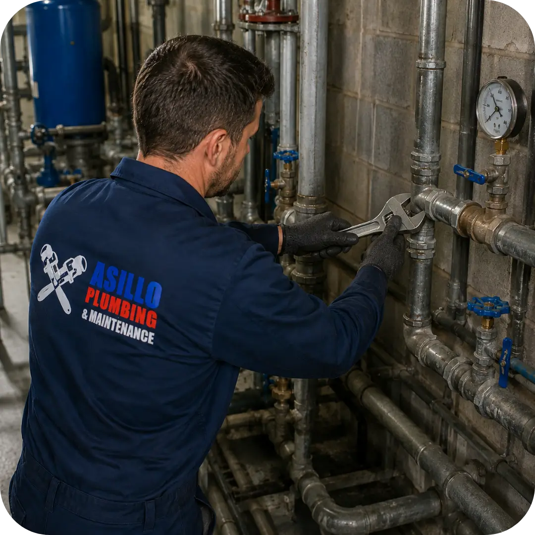 Industrial plumbing maintenance technician from Asillo Plumbing & Maintenance inspecting and servicing a commercial pipe installation in Cape Town using a pipe wrench as part of preventative plumbing maintenance.