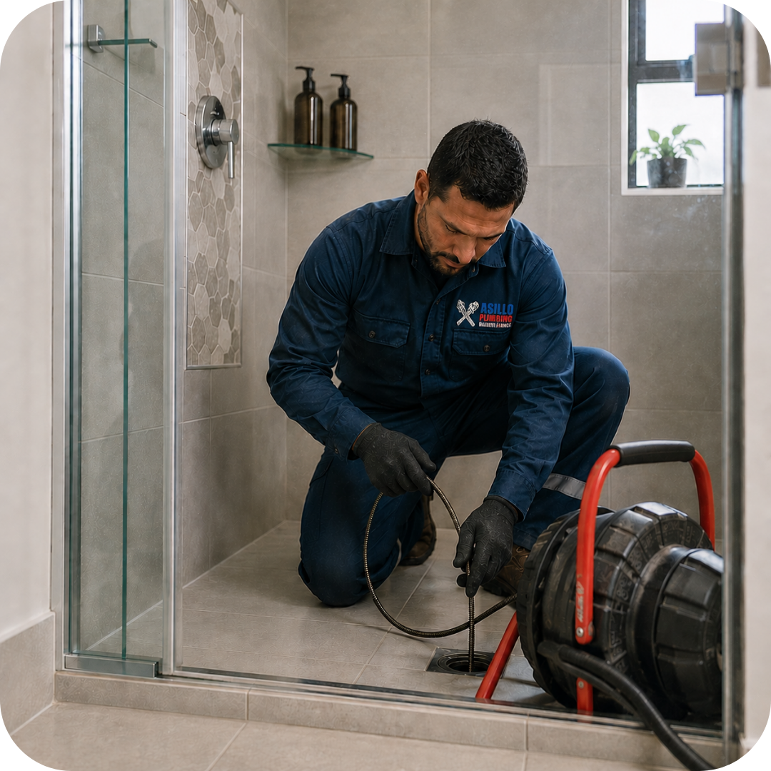 Asillo plumber performing plumbing maintenance Cape Town services by cleaning a shower drain inside a residential bathroom, carrying out preventative plumbing maintenance to improve drainage performance and prevent future blockages.
